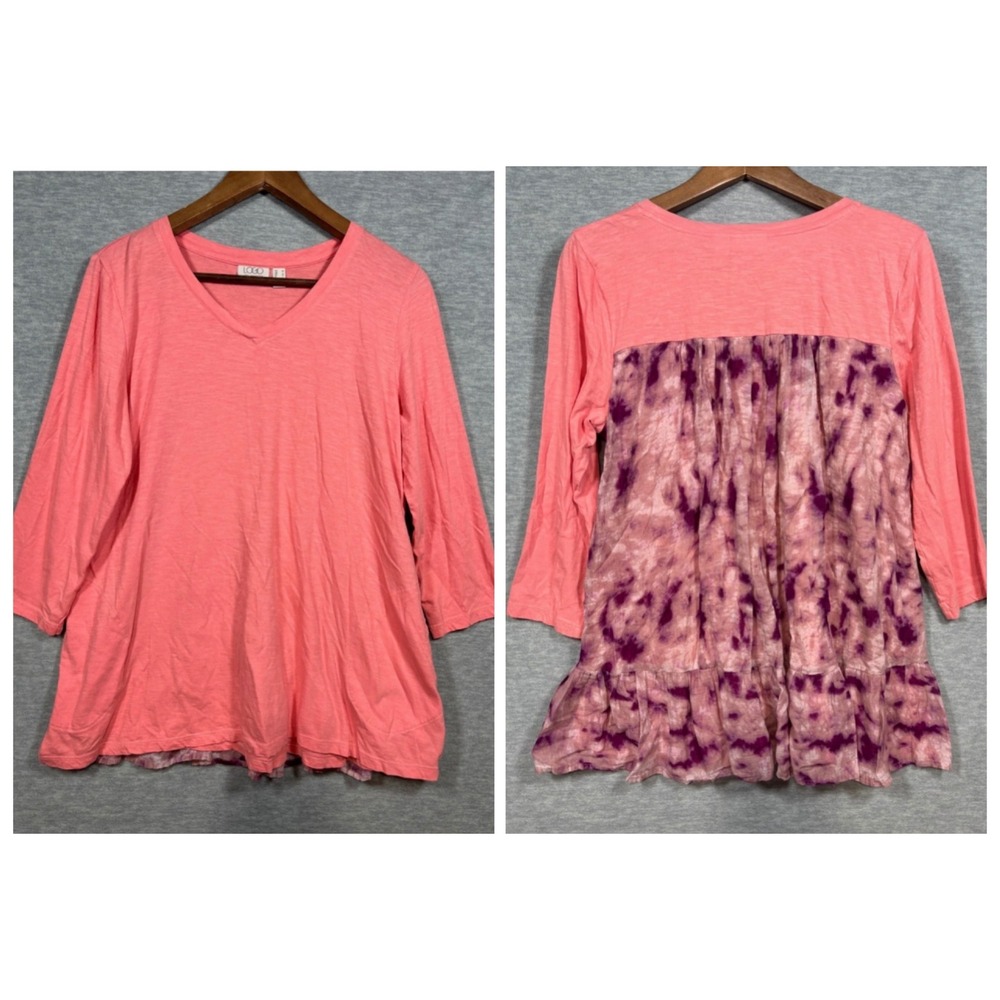 LOGO Lori Goldstein Coral Top Womens M 3/4 Sleeve Tie Dye Ruffle Back